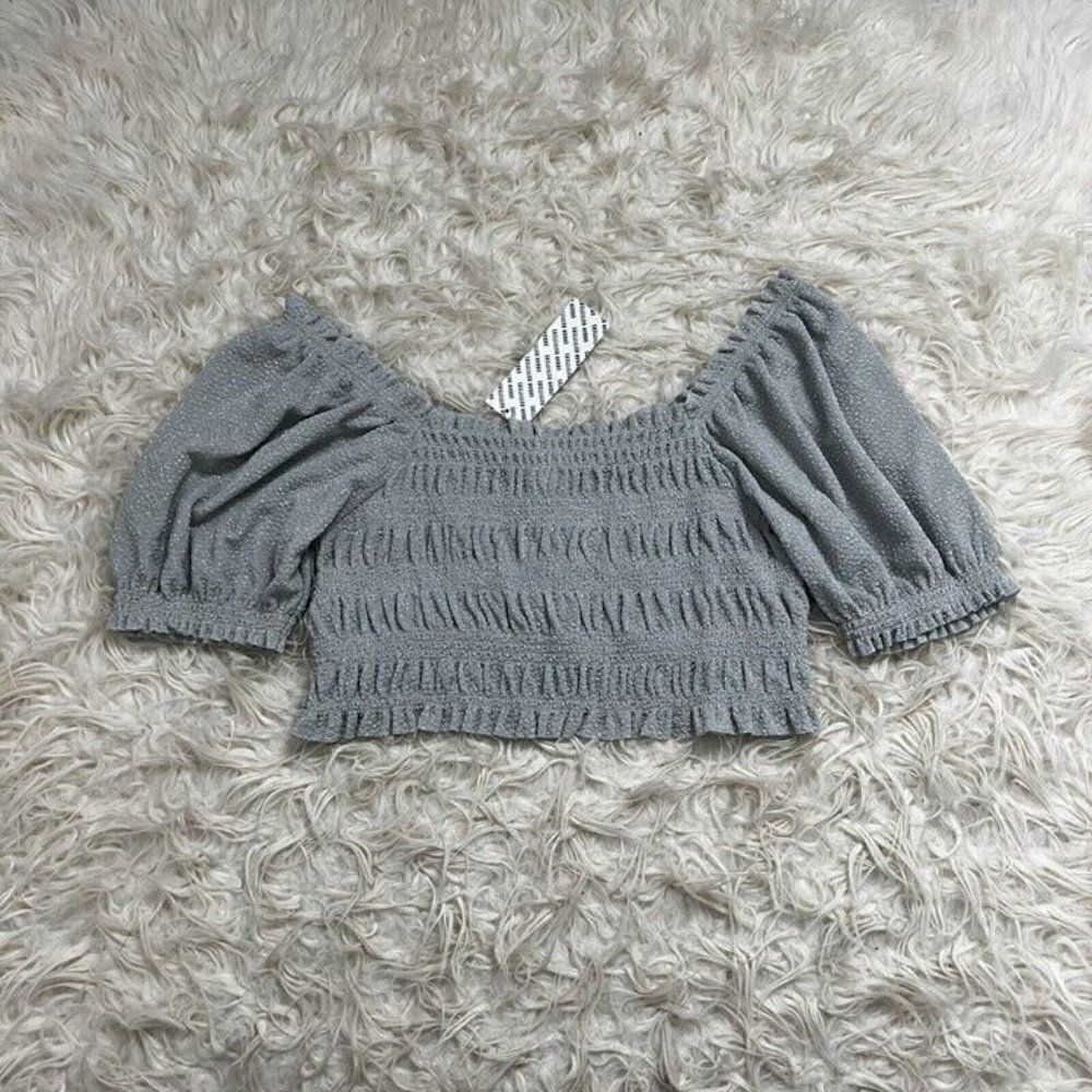 Urban Outfitters Lrg Shay Puff Sleeve Ruched Cinched Crop Top Grey Glitter NWT - Picture 3 of 12